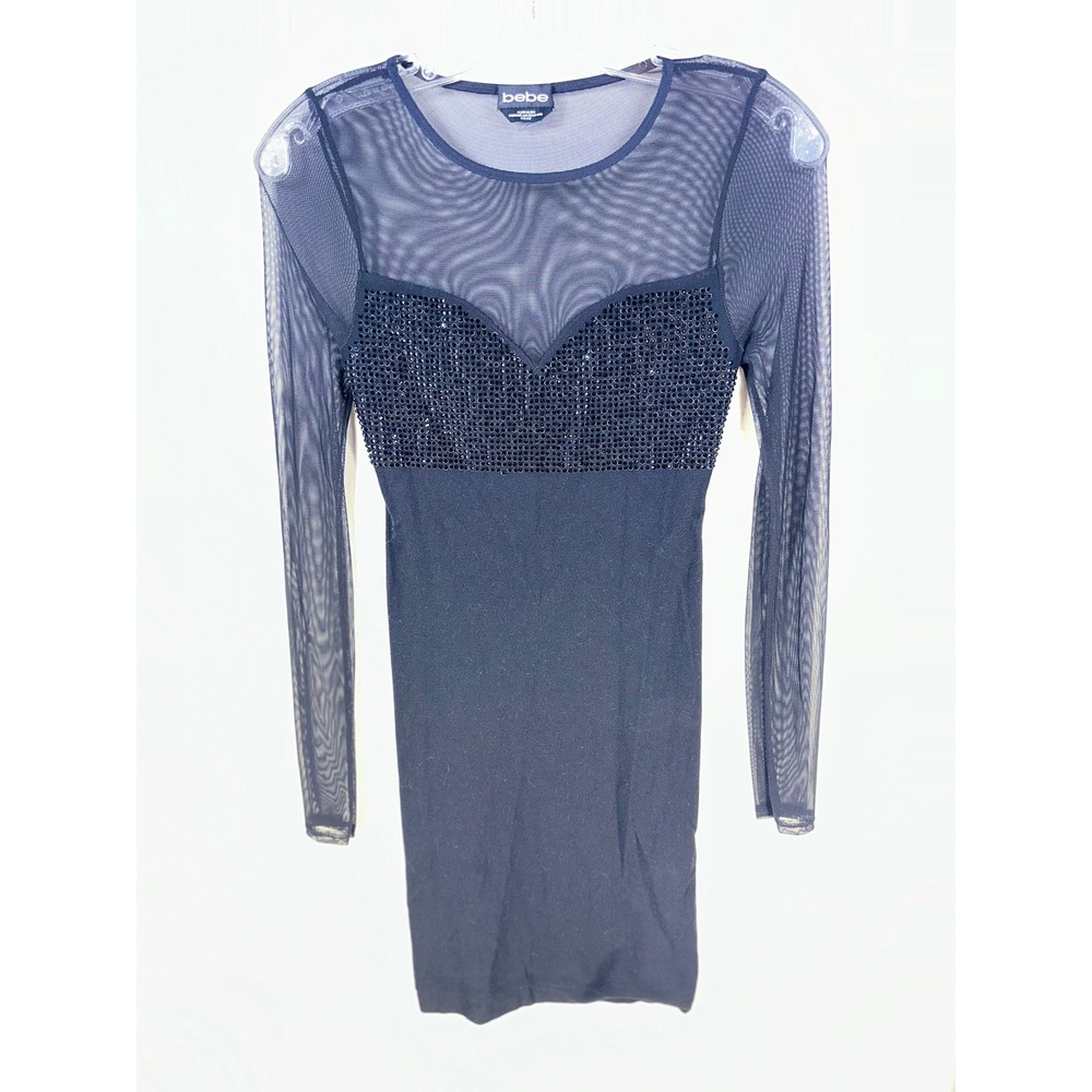 Bebe Black Mesh Long Sleeve Rhinestone Sweetheart Bodycon Mini Dress Womens S